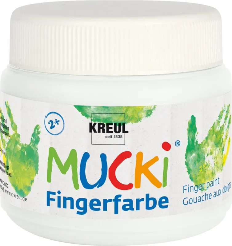 MUCKI Finger Paint white 150 ml jar with colorful children’s artwork

