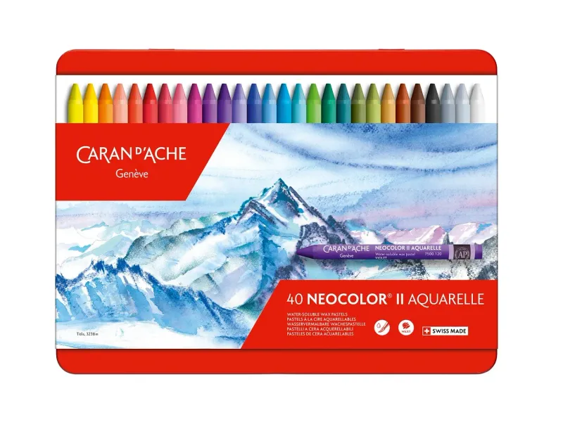 Caran d’Ache Neocolor II Aquarelle 40-colour metal box showing expanded palette of premium pastels