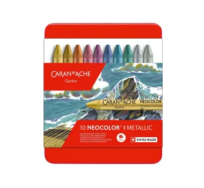 “Caran d’Ache NEOCOLOR I Metallic Pastels Box of 10 – premium metallic wax pastels in assorted colours.”