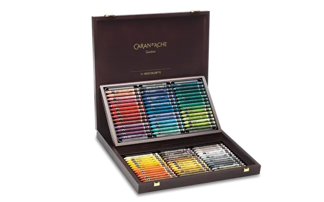 Caran d’Ache Neocolor II Aquarelle 84-colour wooden gift box featuring complete pastel collection in a premium wooden case