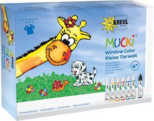 Child painting animal shapes with MUCKI window color pens