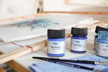 KREUL Javana silk paint jars with brushes and stretched silk fabric prepared for silk painting