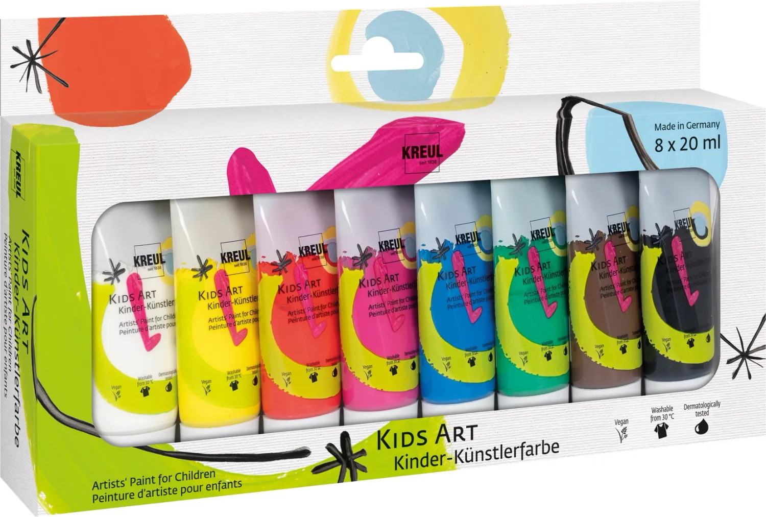 KREUL Kids Art paint set with 8 water-based artist colours in 20 ml tubes