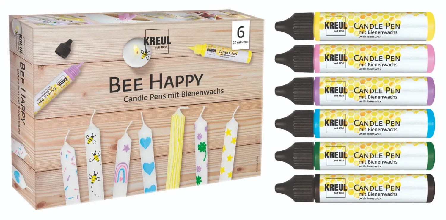 KREUL Candle Pen Bee Happy set showing six coloured wax pens