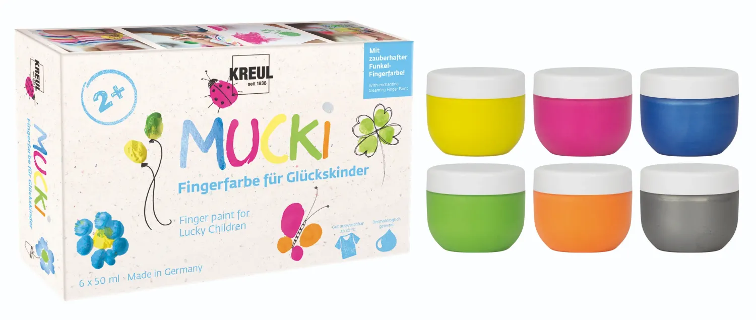 MUCKI Finger Paint for Children of Fortune set with 6 small jars in bright colors and glitter shades.
