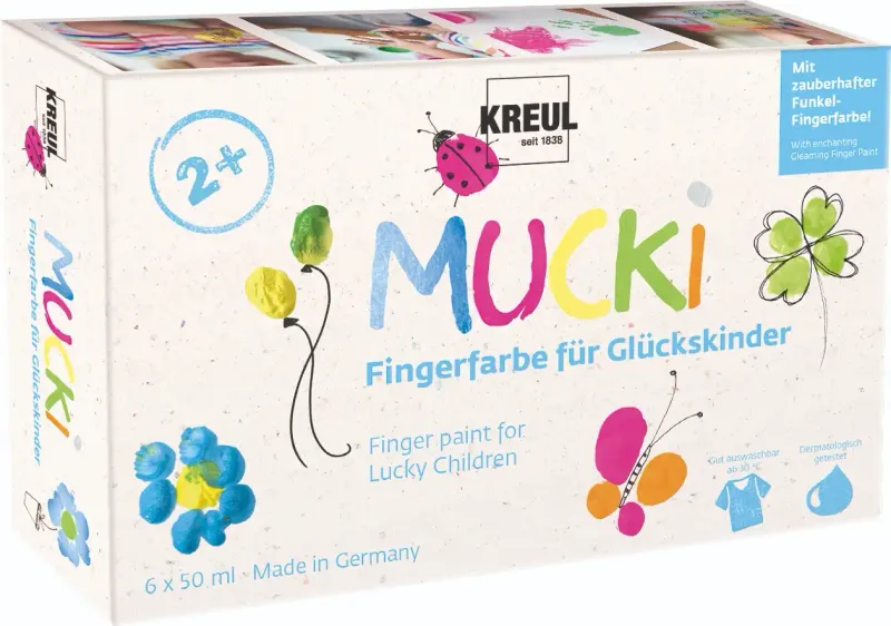 MUCKI Finger Paint for Children of Fortune set with 6 small jars in bright colors and glitter shades.
