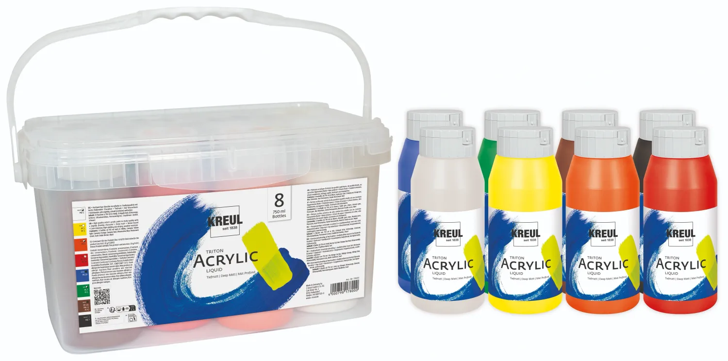 Close‑up of KREUL Triton Acrylic Liquid bottles showing flowing acrylic paint in bright colors.
