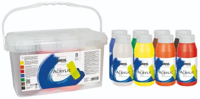 Close‑up of KREUL Triton Acrylic Liquid bottles showing flowing acrylic paint in bright colors.
