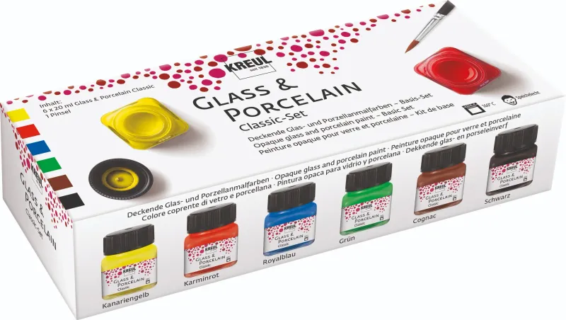 KREUL Glass &amp; Porcelain Classic paint set of 6 jars and brush in cardboard box