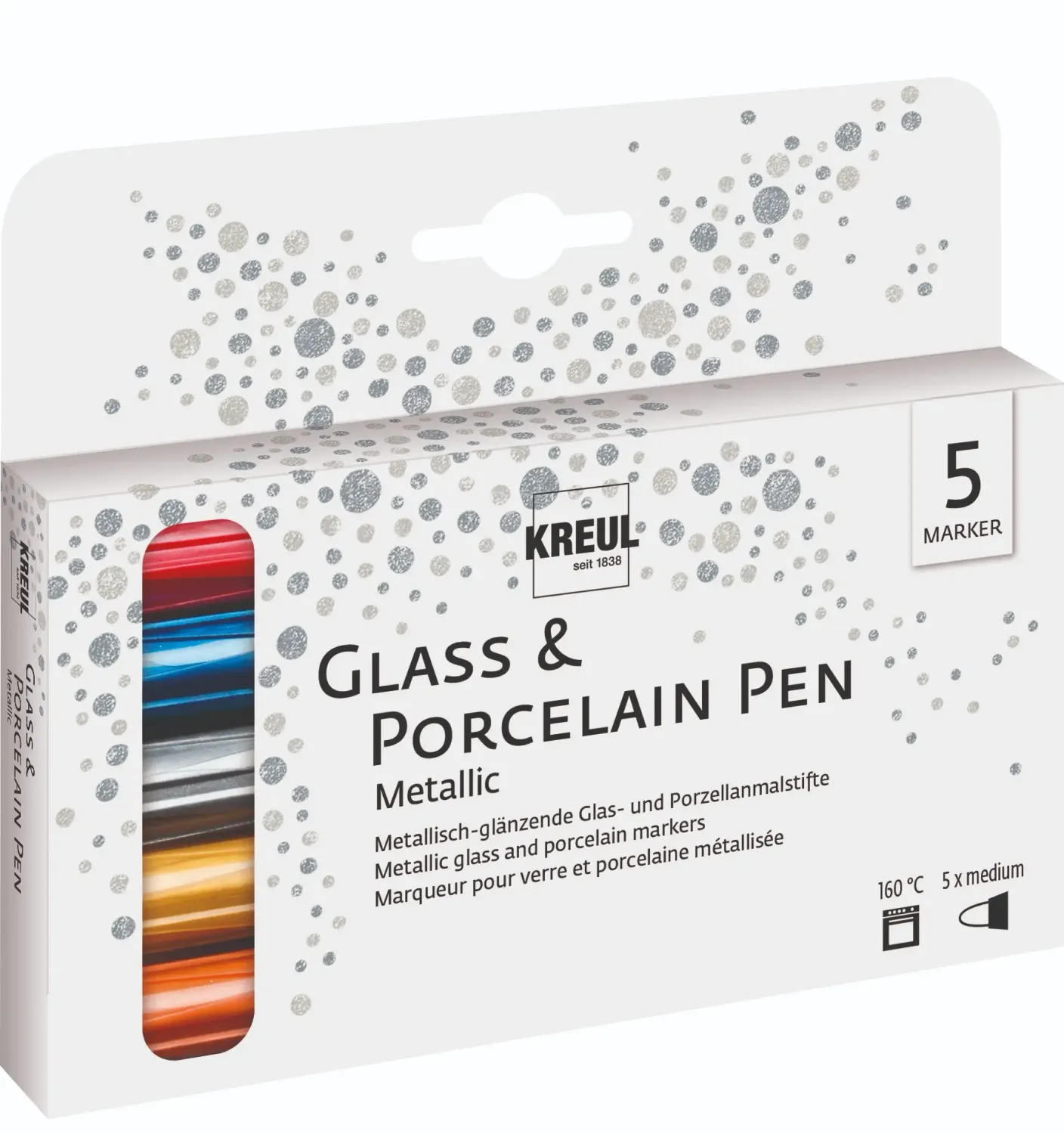KREUL Glass &amp; Porcelain Pen Metallic medium set of 5 with colored markers