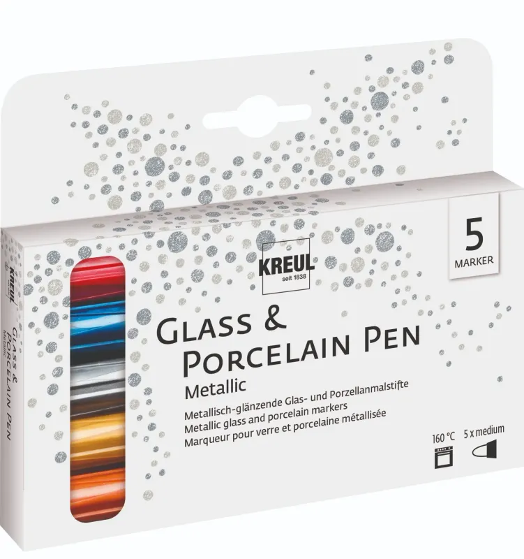 KREUL Glass &amp; Porcelain Pen Metallic medium set of 5 with colored markers