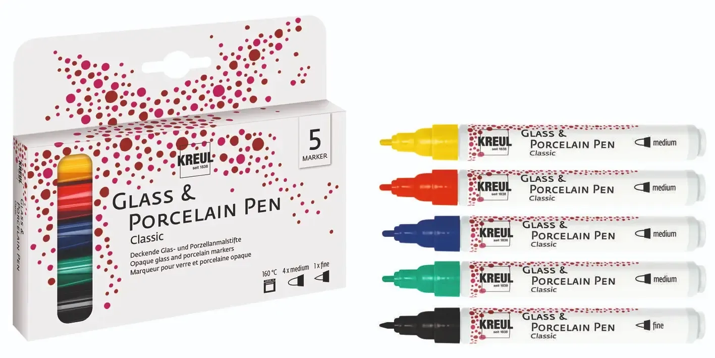 Close-up of five KREUL Glass &amp; Porcelain Pens in assorted colors: yellow, red, blue, green, and black with fine tips