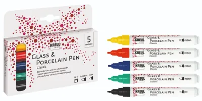 Close-up of five KREUL Glass &amp; Porcelain Pens in assorted colors: yellow, red, blue, green, and black with fine tips
