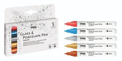 Close-up detail of KREUL glass and porcelain pen markers showing colors and tips