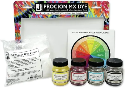 Jacquard Procion Mx Dye 4 Color Set with Soda Ash and Color Mixing Chart - Lemon Yellow - Fuchsia - Turquoise - Jet Black