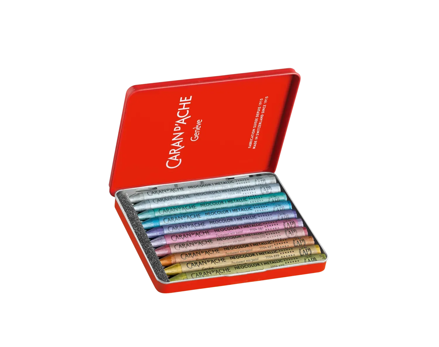 “Caran d’Ache NEOCOLOR I Metallic Pastels Box of 10 – premium metallic wax pastels in assorted colours.”