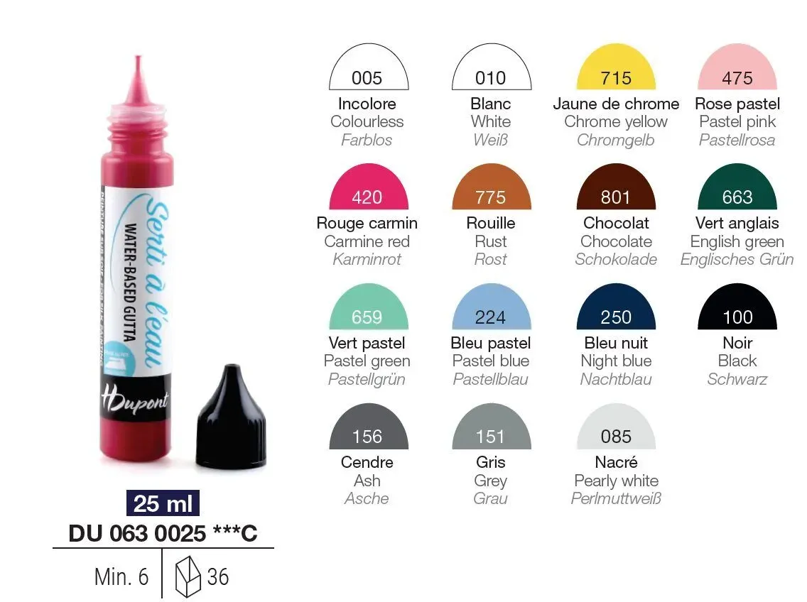 H. Dupont Permanent Serti Gutta 25 ml tube for silk painting outlining, available in classic and metallic shades
