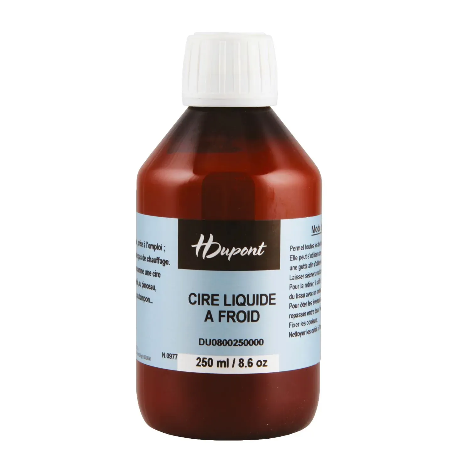 Amber plastic bottle labeled “H Dupont Cire Liquide à Froid,” 250 ml (8.6 oz), with a white screw cap and light blue label.