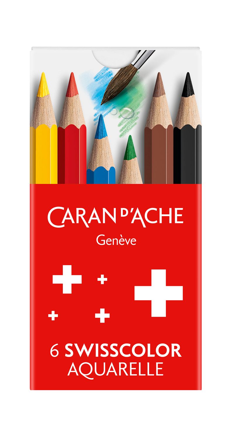Caran d’Ache Swisscolor 6 water-soluble colour half-pencils in compact cardboard box, Swiss Made, FSC certified.