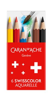 Caran d’Ache Swisscolor 6 water-soluble colour half-pencils in compact cardboard box, Swiss Made, FSC certified.