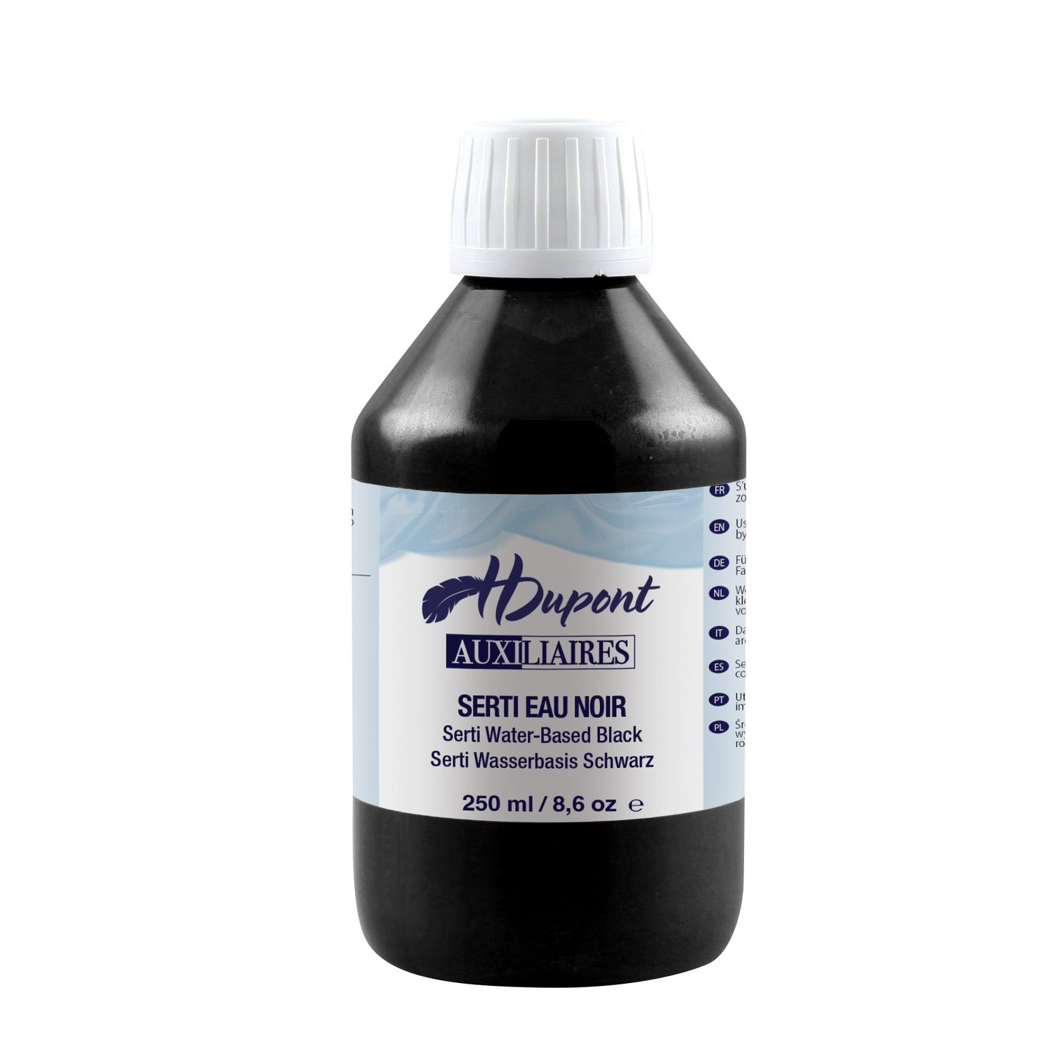 HDupont Auxiliaires Serti Eau Noir water-based black resist medium in a 250 ml plastic bottle with white cap.