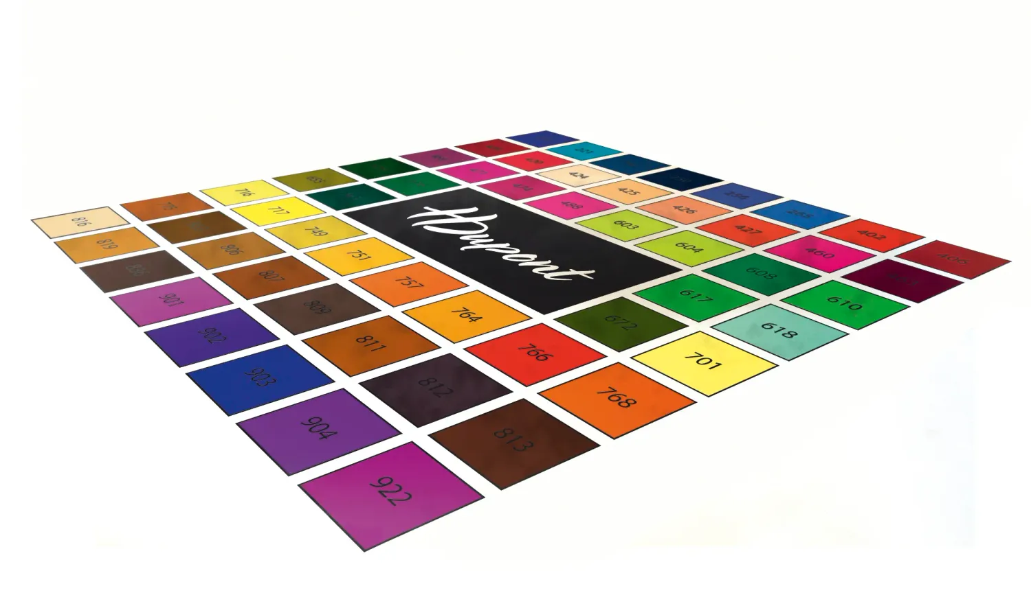 HDupont silk paint colour chart displaying square colour swatches with shade numbers arranged in a grid on a white background