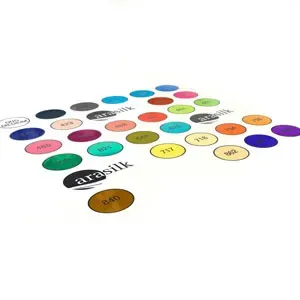 “Arasilk silk painting colour chart showing multiple round colour swatches with shade numbers on a white background, used as 