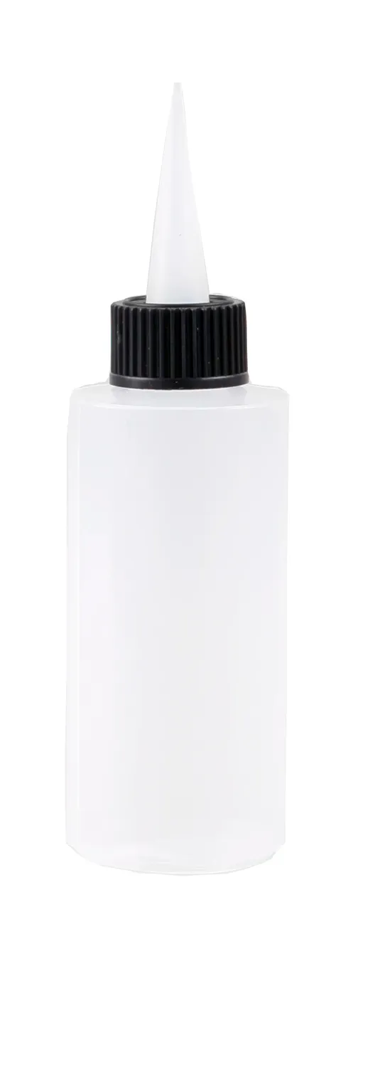 Soft plastic squeeze bottle with a narrow precision nozzle and black screw cap, suitable for controlled dispensing of liquids