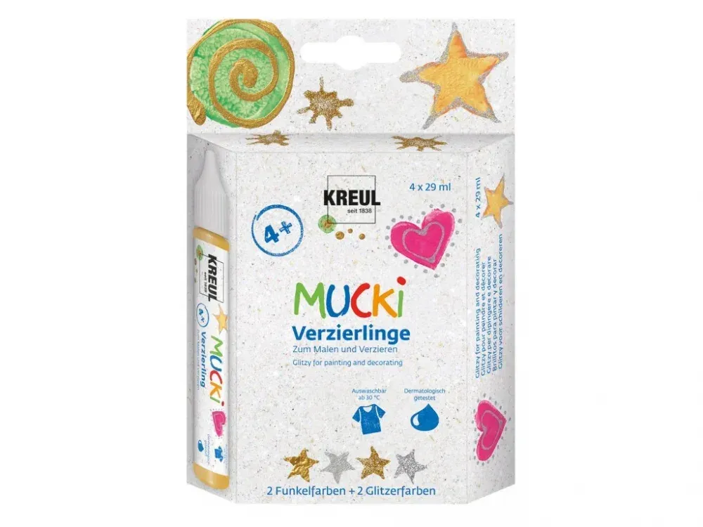 MUCKI Glitzy Set of 4 glitter and shimmer paint pens for kids – gold and silver colours, 4 x 29 ml, age 4+