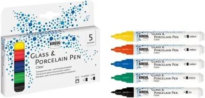 KREUL Glass &amp; Porcelain Pen Clear set of 5 transparent glass and porcelain markers with medium and fine tips in yellow red bl