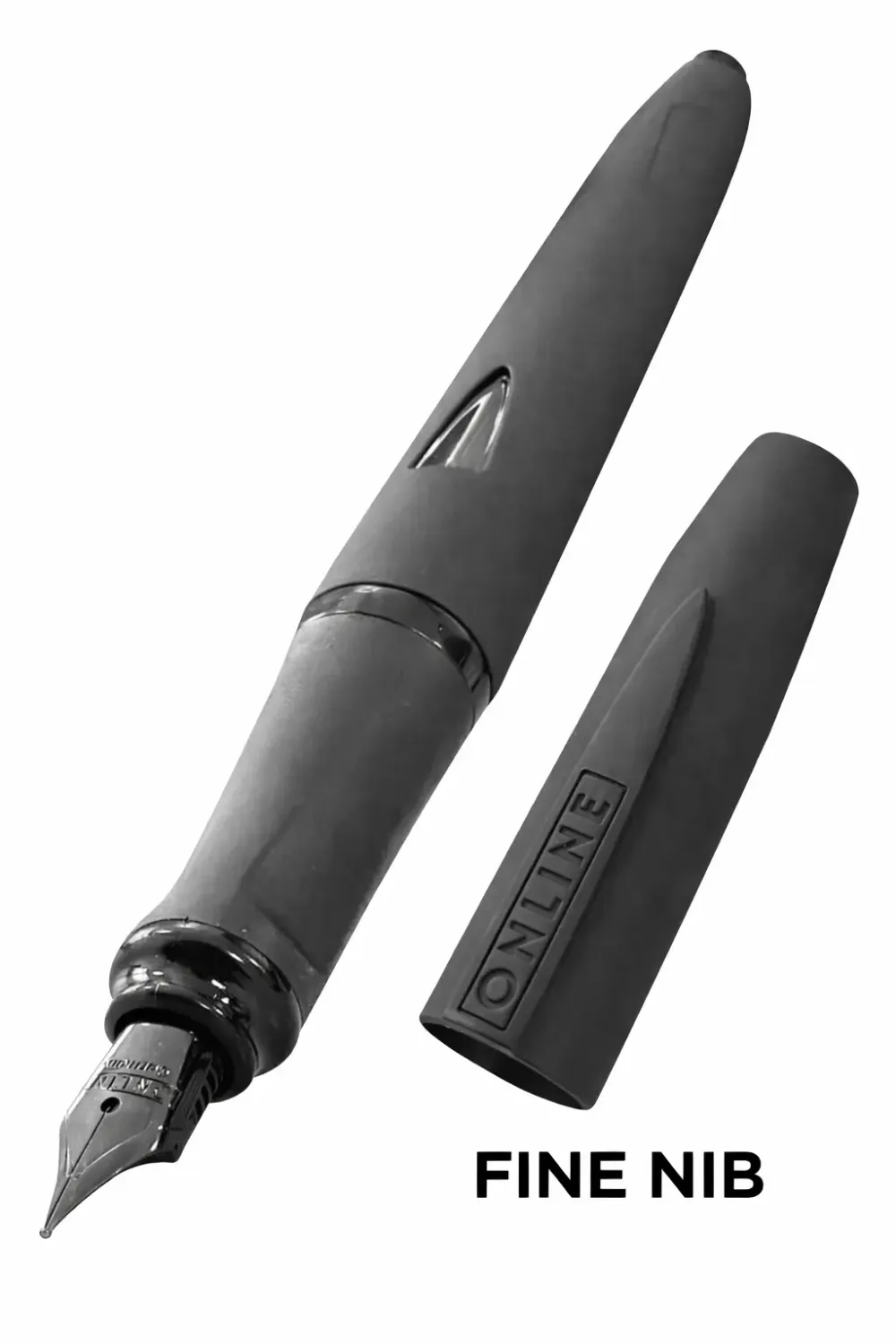 ONLINE Switch Expert Fountain Pen Nero – Fine (F) nib, matte black body with cap removed, stainless steel nib close-up.