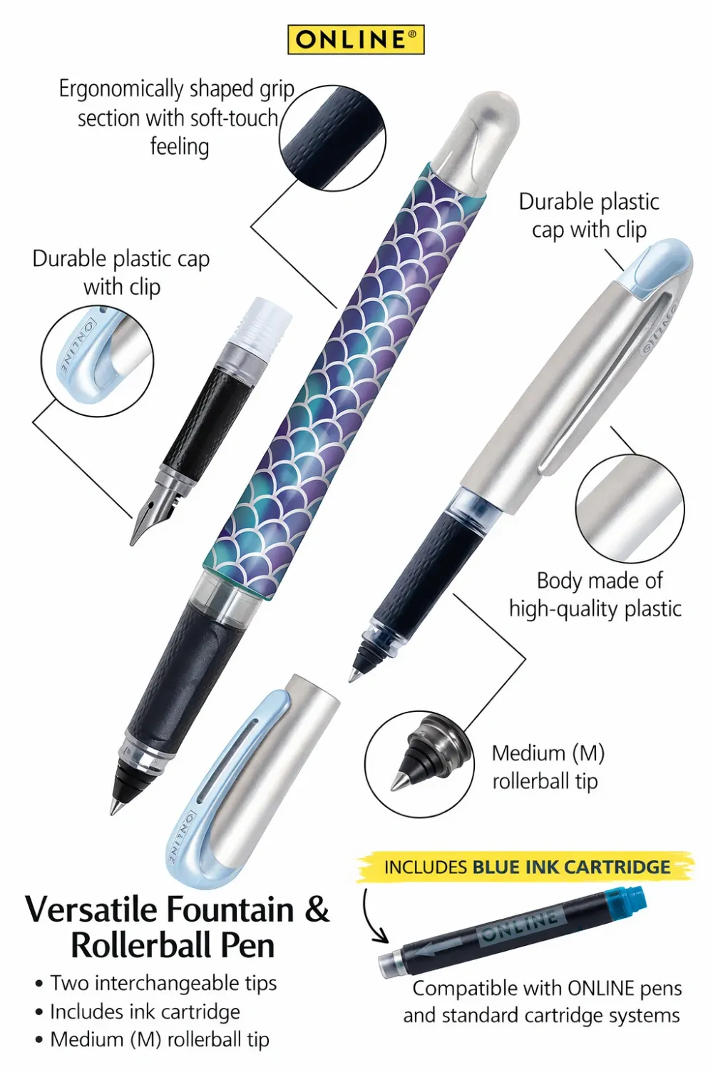 ONLINE AYN College II Shiny Dream 2-in-1 Fountain and Rollerball Pen with Interchangeable Tips