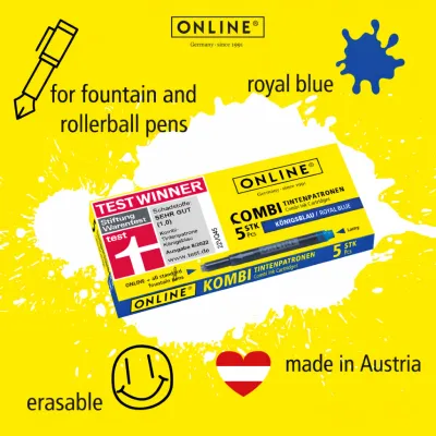 ONLINE Combi Ink Cartridges Rabazzi Blue 5 Pack for Fountain and Rollerball Pens – Made in Austria