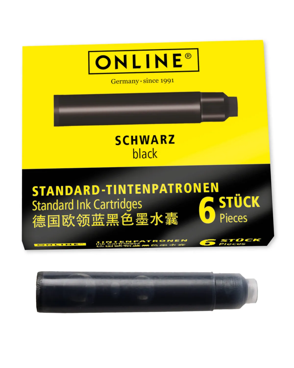 Black standard fountain pen ink cartridges 6 pack compatible with standard fountain pens and rollerball pens