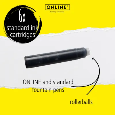 Black standard fountain pen ink cartridges 6 pack compatible with standard fountain pens and rollerball pens