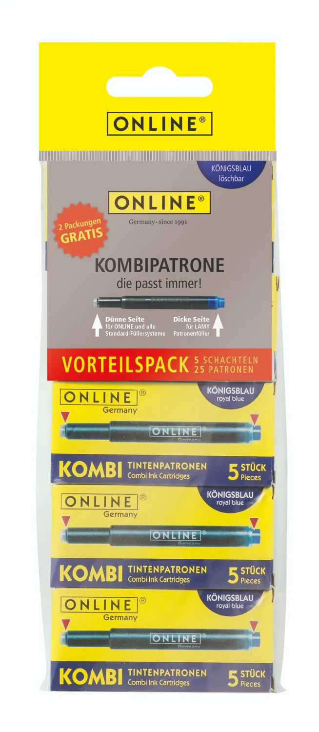 ONLINE Combi ink cartridge  blue dual side compatible with Lamy and standard fountain pens