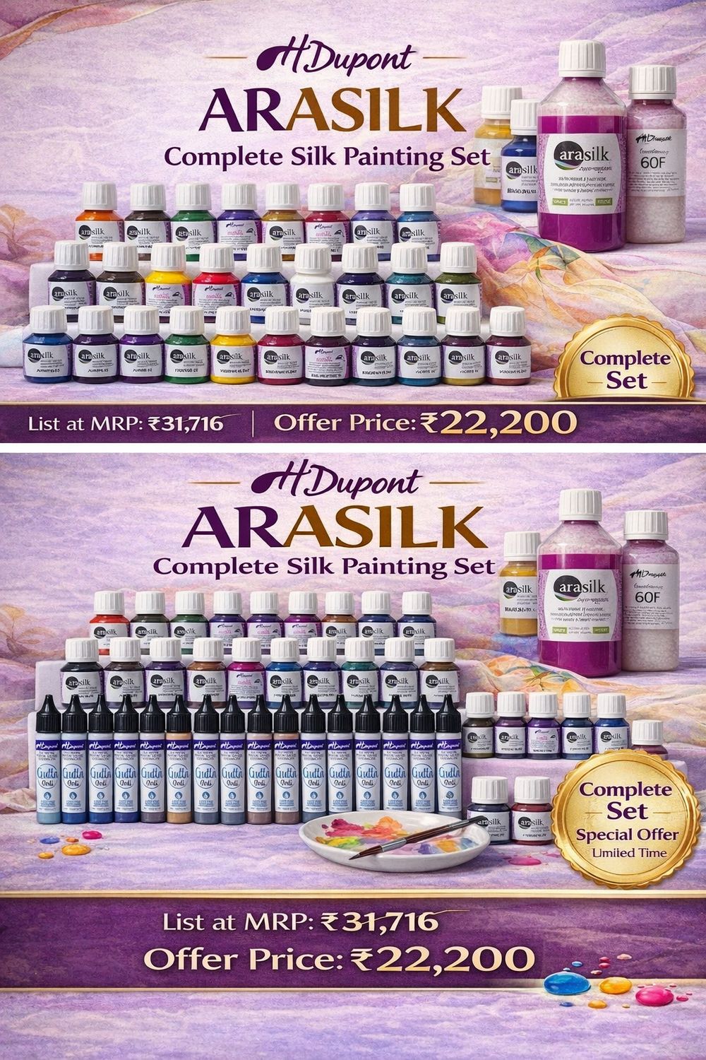 HDupont Arasilk Complete Silk Painting Set – 31 x 50 ml Colours + 19 x 25 ml Gutta Applicator Bottles