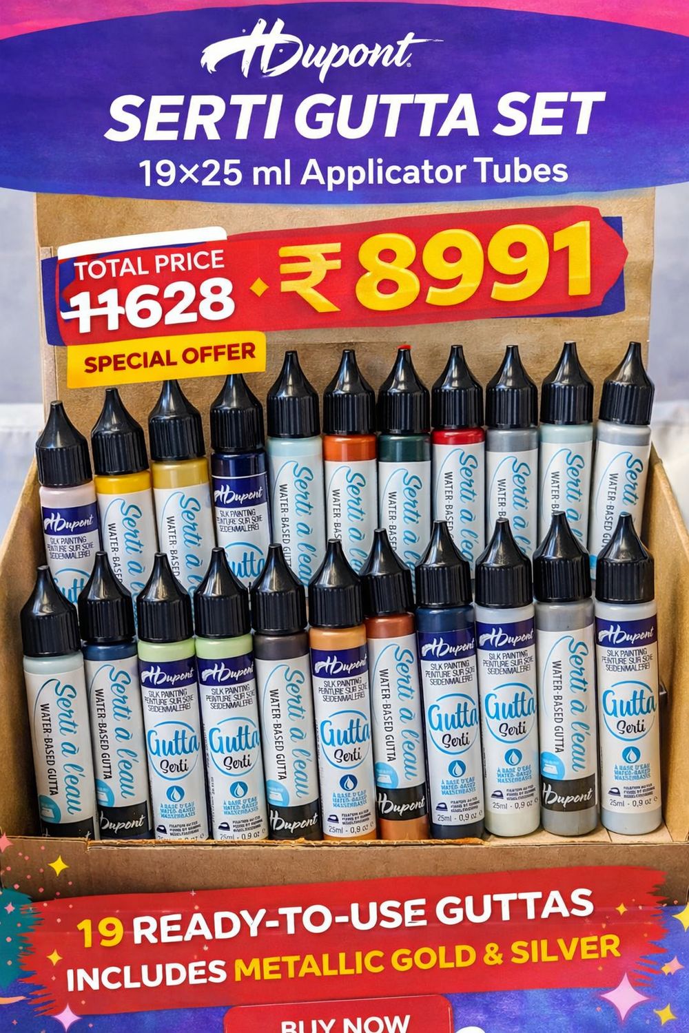 HDupont Serti Gutta Set – 19 x 25 ml Applicator Tubes (Assorted Colours &amp; Metallics)