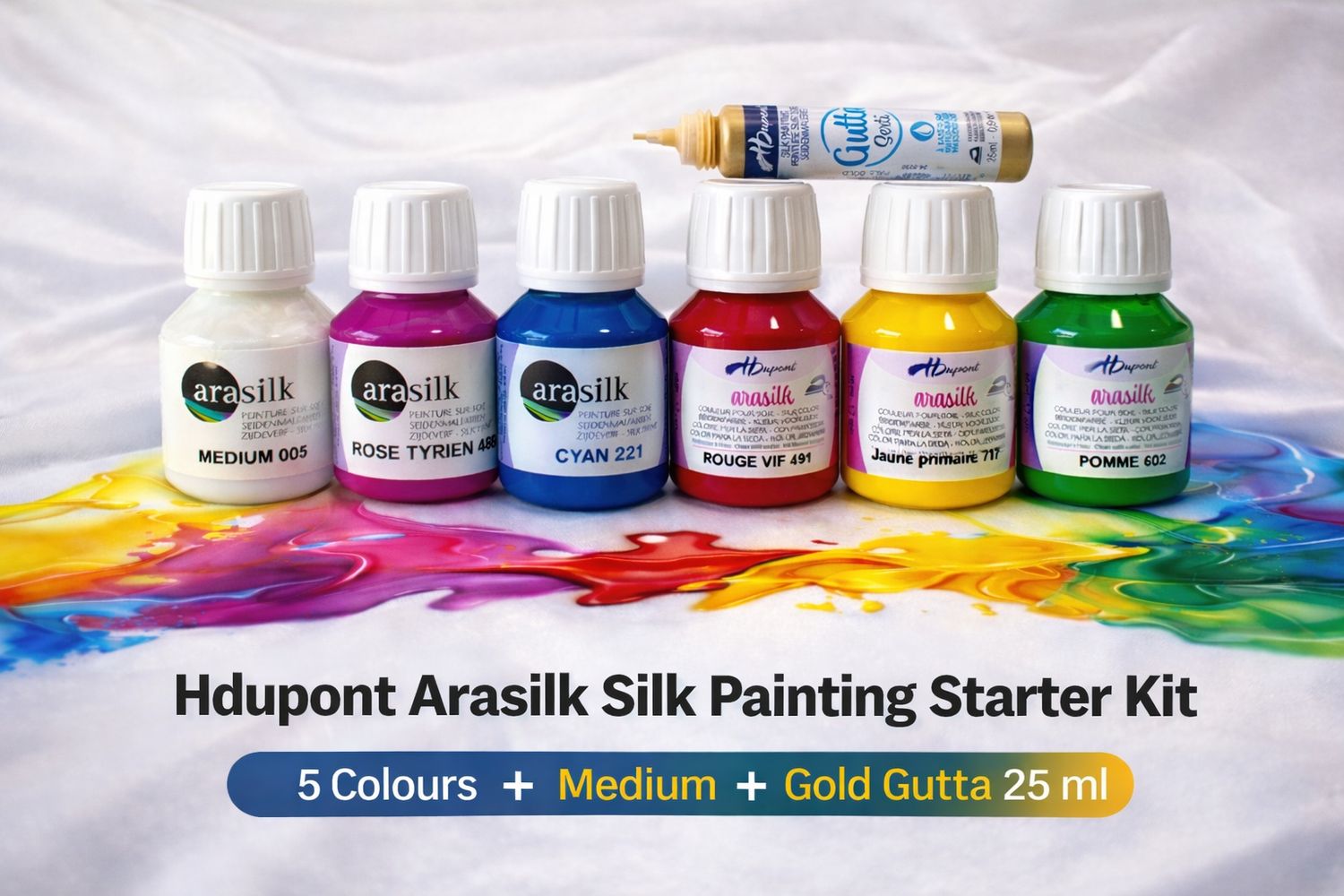 Hdupont Arasilk 50 ml silk painting kit with 5 colours, medium and Gold Gutta 25 ml