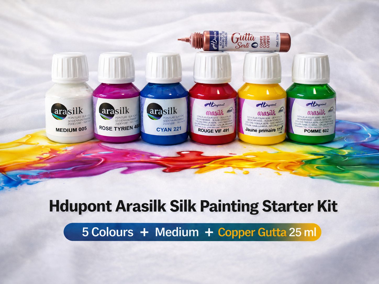 Hdupont Arasilk 50 ml Silk Painting Kit – 5 Colours + Medium + Copper Gutta 25 ml