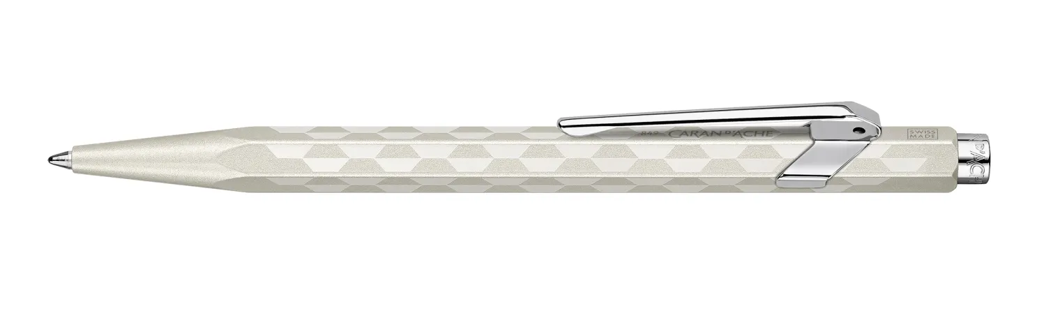 Caran d’Ache 849 Alpine Frost White pen angled side view