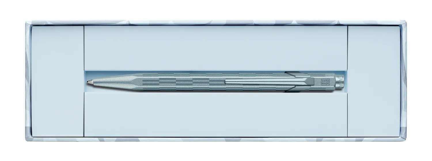 Caran d’Ache 849 blue pen in premium frosted gift box packaging