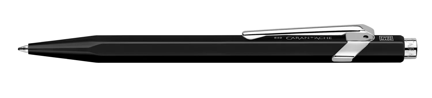 Caran d’Ache 849 black pen hexagonal aluminium body detail