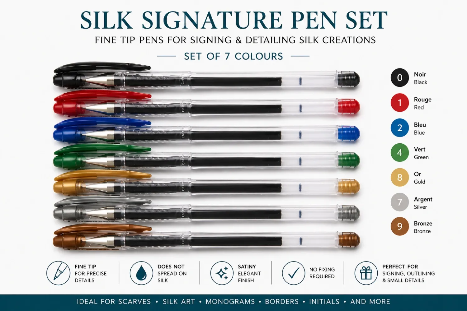 Silk Signature Pen Set – 7 Colours | Fine Tip Pens for Silk Art &amp; Detailing