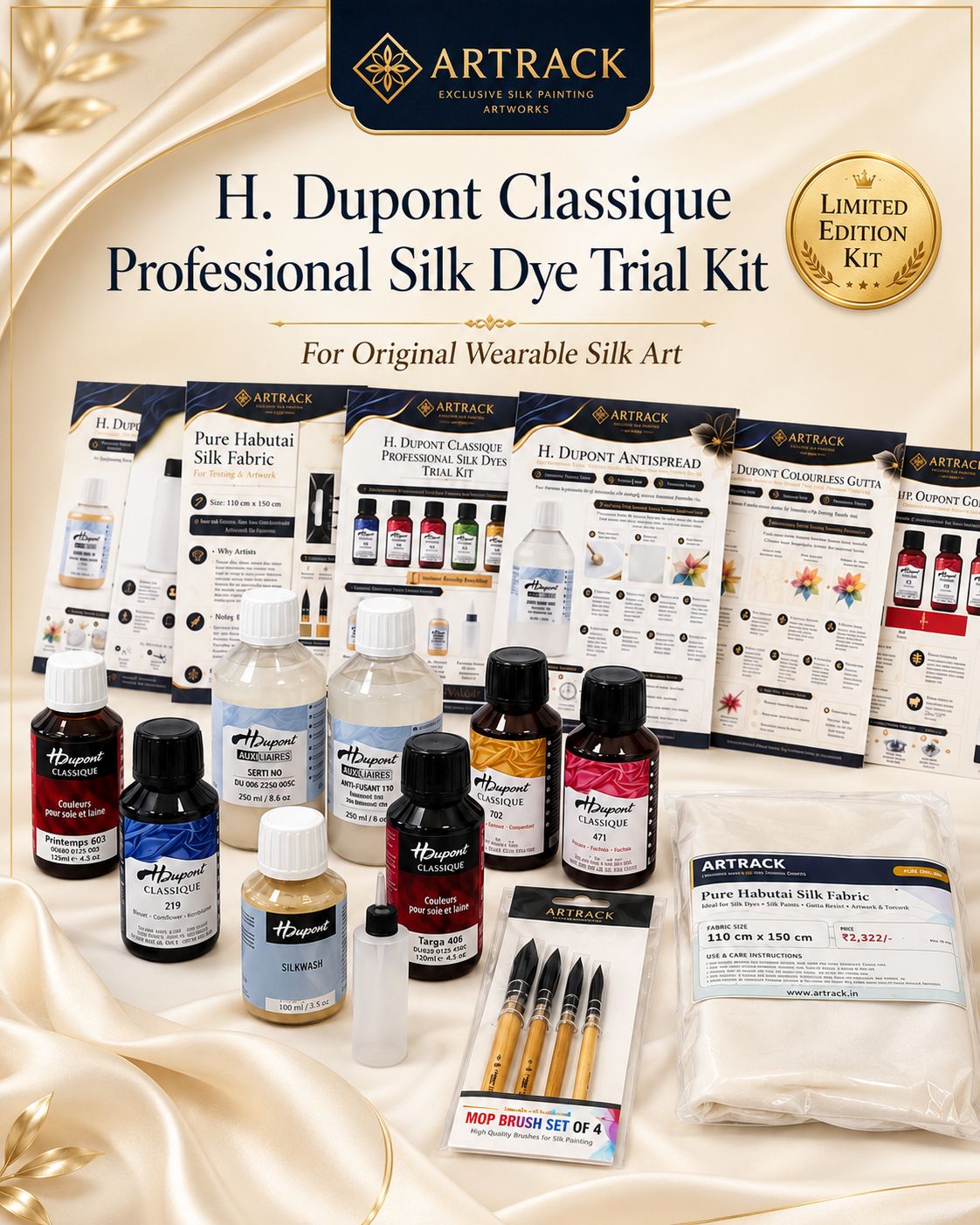 H. Dupont Classique Professional Silk Dye Trial Kit by Artrack with dyes, gutta, antispread, silkwash, tools, silk fabric and