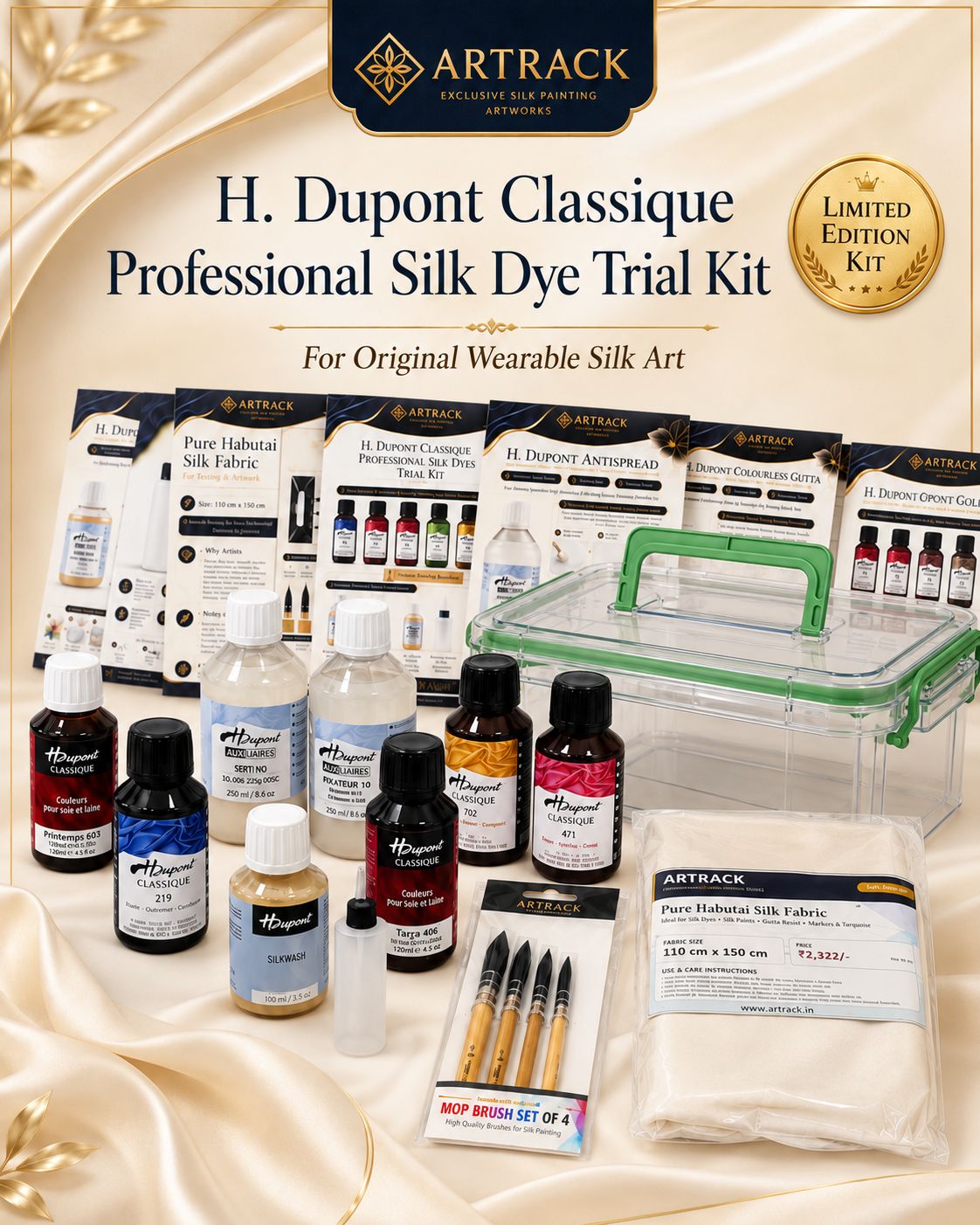 H. Dupont Classique Professional Silk Dye Trial Kit by Artrack with dyes, gutta, antispread, silkwash, tools, silk fabric and