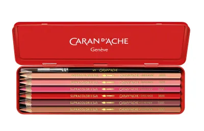 Nina Cosford Supracolor Aquarelle skin-tone pencil selection in red metal box