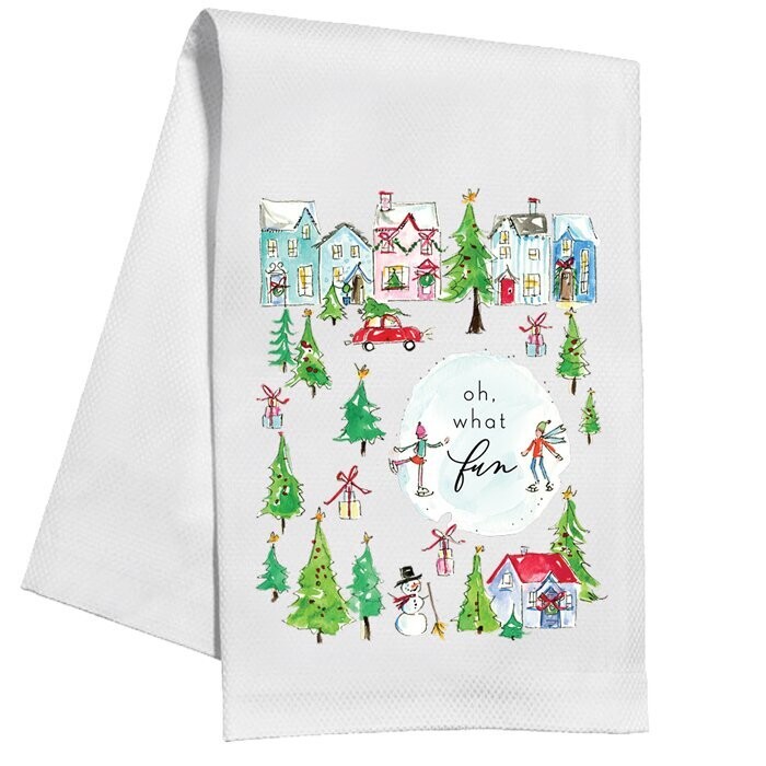 Hand Painted Snow Village Kitchen Towel