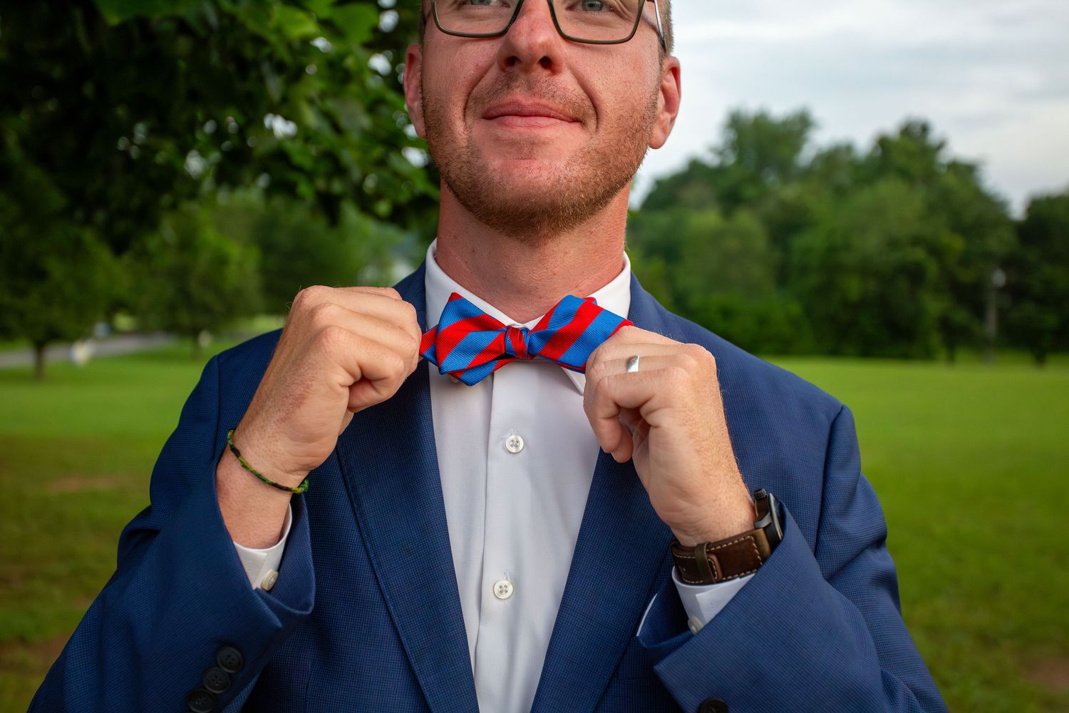 TBC Royal Blue and Scarlet Red Bar Stripes Bow Tie