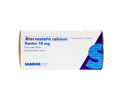 Sandoz Atorvastatin Calcium Xantor 10mg Film-Coated (10 Blister Packs x 10 Tablets) Antihyperlipidemic Agent